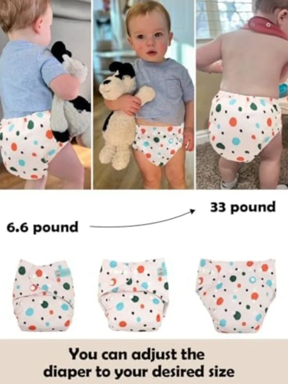 Adjustable Reusable Cloth Diaper Covers Set - 6 Pack with 12 Inserts, Washable